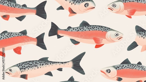 Colorful Seamless Pattern of Salmon Fish Illustration on Cream Background