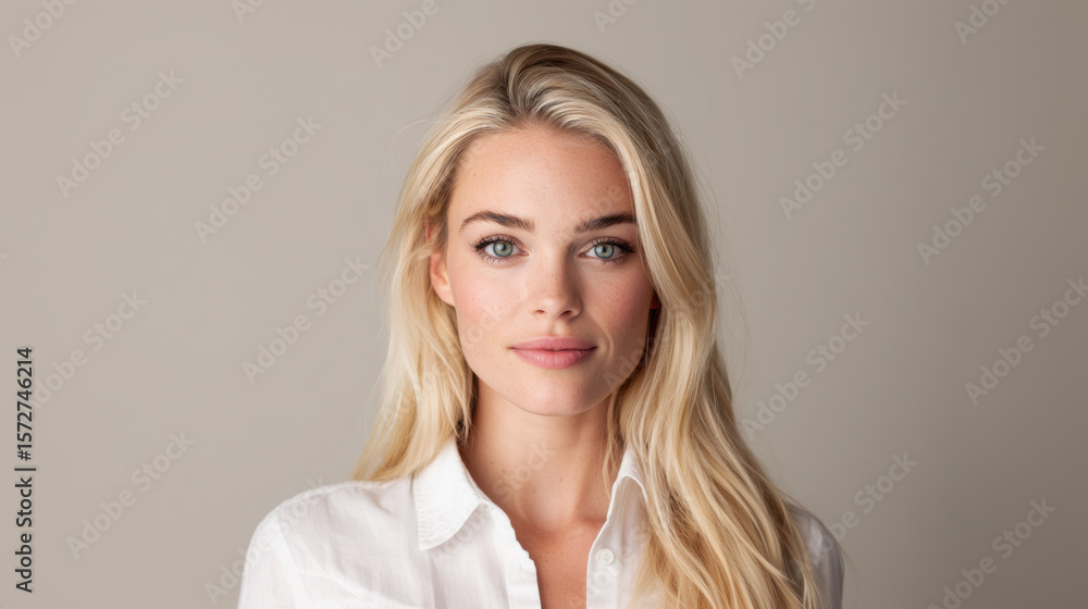 A woman with long blonde hair and light green eyes wearing a white shirt against a neutral background, featuring natural makeup and a calm, confident expression A woman with long blonde hair and light green eyes wearing a white shirt against a neutral background, featuring natural makeup and a calm, confident expression