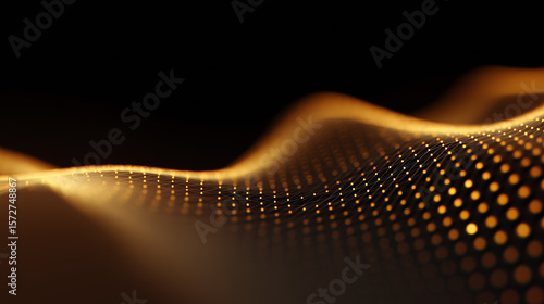 Abstract glowing golden network of connected dots and lines forming a wavy surface against a dark background. Evokes themes of technology, data, energy, and luxury.