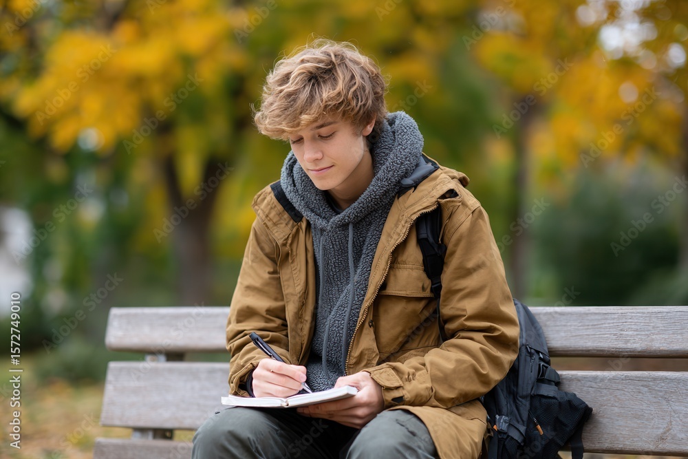 Young caucasian male writing in notebook on park bench in autumn. Young caucasian male writing in notebook on park bench in autumn.