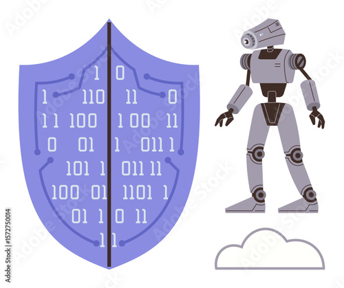 Binary code on shield, humanoid robot, and cloud outline highlight digital security, artificial intelligence, and cloud computing. Ideal for technology, AI, data, innovation safety internet simple