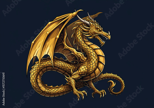 Majestic Golden Dragon Mythical Creature Illustration