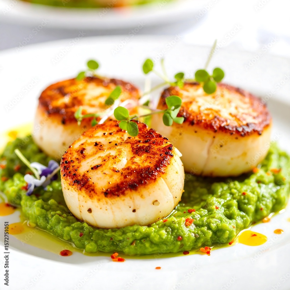 Perfectly Seared Scallops on a Bed of Vibrant Green Pea Purée with Fresh Microgreens — Elegant Gourmet Seafood Dish for Culinary, Editorial, or Fine Dining Use Perfectly Seared Scallops on a Bed of Vibrant Green Pea Purée with Fresh Microgreens — Elegant Gourmet Seafood Dish for Culinary, Editorial, or Fine Dining Use