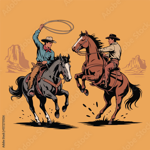 Dynamic Rodeo Illustration of Bucking Broncos with Riders – Western Style Side Profile

