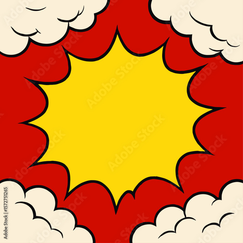 visually arresting pop art background with a dominant yellow explosion shape in the middle, framed by puffy clouds, creating a sense of energy and excitement