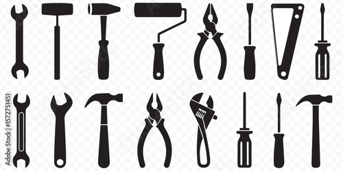 collection of essential construction and repair hand tool silhouette vector icons in black