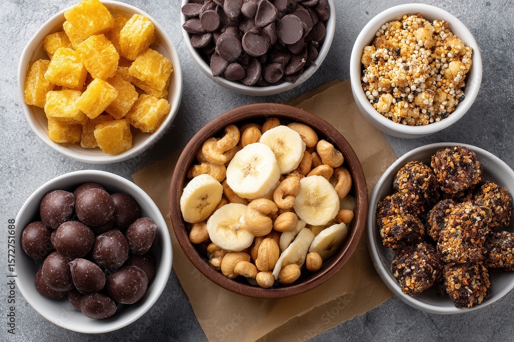 Assorted snack bowls with nuts, dried fruits, and chocolate on gray background. Assorted snack bowls with nuts, dried fruits, and chocolate on gray background.