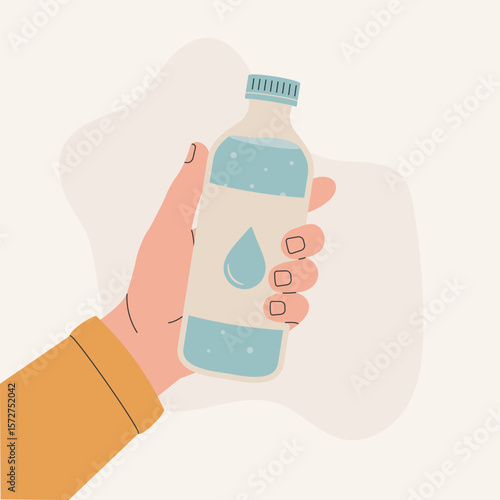 Minimal flat illustration of a hand holding a water bottle with a drop icon. Healthy lifestyle and hydration concept. Perfect for wellness, fitness, and daily routine visuals.