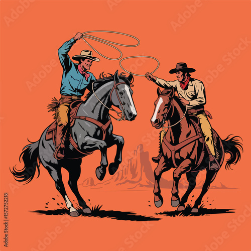 Dynamic Rodeo Illustration of Bucking Broncos with Riders – Western Style Side Profile

