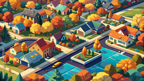 Overhead aerial view of colorful autumn trees, residential houses and yards with drainage pond along suburban street in Chicago area. Midwest USA. 4K