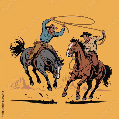 Dynamic Rodeo Illustration of Bucking Broncos with Riders – Western Style Side Profile

