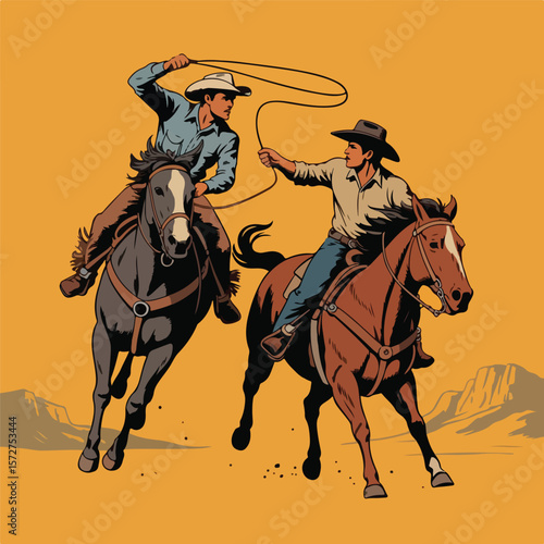 Dynamic Rodeo Illustration of Bucking Broncos with Riders – Western Style Side Profile

