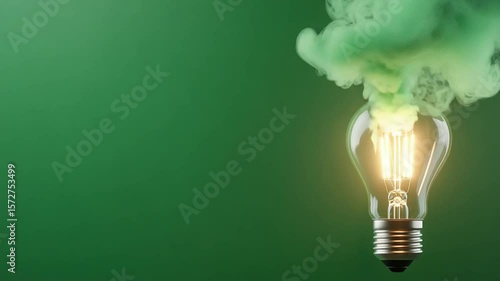 Illuminated light bulb emitting green smoke on green background representing environmental pollution and unsustainable energy
