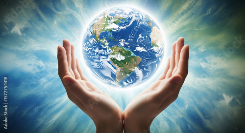 World Humanitarian Day: Hands Holding the Earth with Light, Concept for Global Care