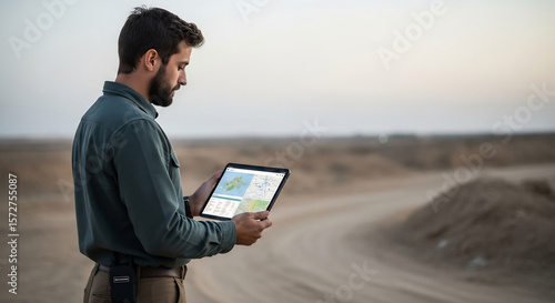 Humanitarian Aid Worker Using Tablet in Desert Landscape for World Humanitarian Day