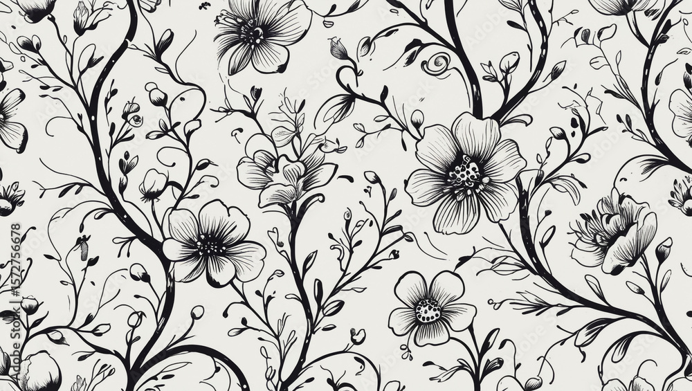 Fototapeta premium Black and white floral pattern botanical illustration flower drawing seamless background nature wallpaper design