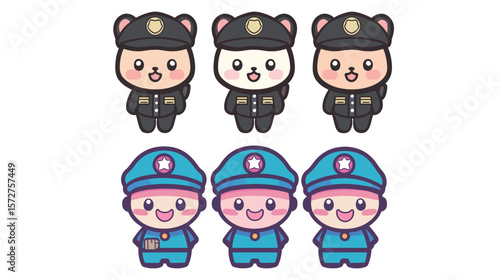 Cute security police officer in kawaii vector graphic style, featuring a smiling cartoon character in uniform with cap and badge, representing law enforcement, public safety, child-friendly design, 