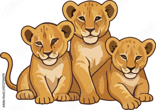 Cute brown wild animals: a playful cartoon baby lion, a loving lion and lioness, and a happy lion cub with its father