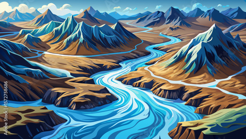 A glacial rivers from above. Aerial photograph of the river streams from Icelandic glaciers. Beautiful art of the Mother nature created in Iceland. Wallpaper background high quality 