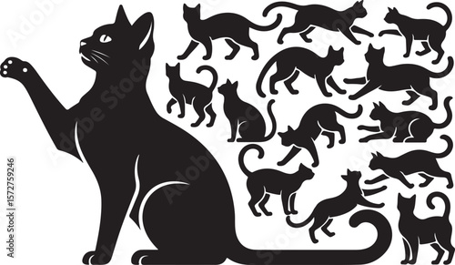 Collection of adorable cat poses and actions in a charming silhouette style
