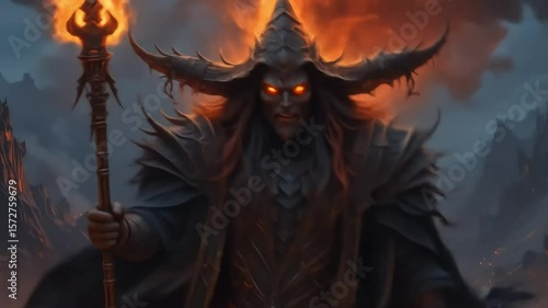 Dark sorcerer brandishing fiery staff in mystical realm, suitable for fantasy book covers, gaming concepts, and magical themed designs.