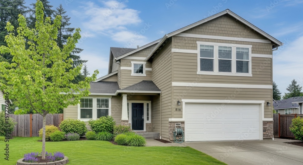 A charming twostory house with a green lawn A charming twostory house with a green lawn