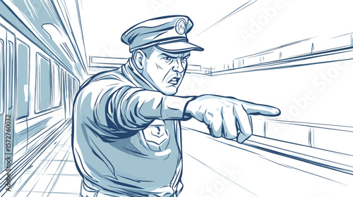 Sketch of a subway staff member giving a stern look, drawn in expressive line art style with authoritative posture, ideal for public transportation illustrations, safety signage, urban service visuals