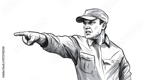 Sketch of a subway staff member giving a stern look, drawn in expressive line art style with authoritative posture, ideal for public transportation illustrations, safety signage, urban service visuals