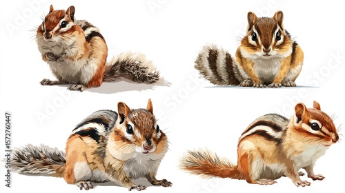 Four illustrations of chipmunks, depicting various poses and showcasing their distinct features