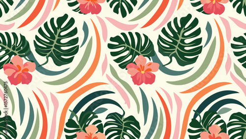Seamless pattern with monstera leaves hibiscus flowers and abstract colorful curved shapes design style 100