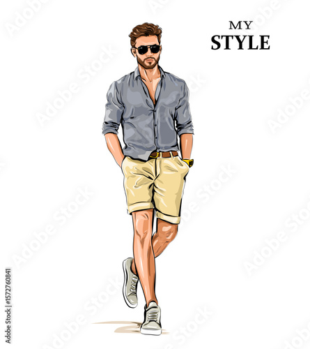 Stylish handsome man in fashion clothes. Fashion man. Hand drawn male model. Sketch. Vector illustration 