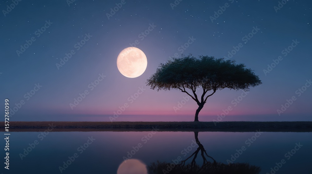 Obraz premium Tree of life silhouette reflected in water under glowing moonlight, nature scene with space above