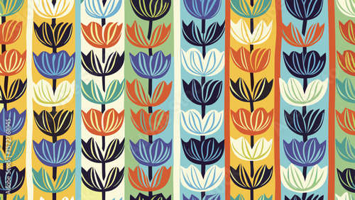 Colorful tulip pattern with vertical stripes in shades of blue, orange, and cream on various backgrounds