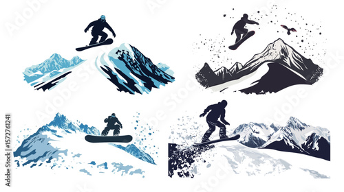 Dynamic snowboarding scene on a mountain vector illustration, showcasing a snowboarder speeding down snowy slopes with winter gear, representing extreme sports, alpine adventure, outdoor action, 