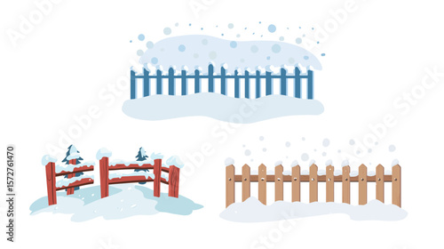 Minimalist snow-covered fence vector illustration with clean lines and simple design, depicting a wintry wooden fence lightly blanketed in snow, perfect for seasonal themes, rural landscapes