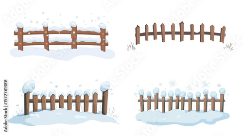 Minimalist snow-covered fence vector illustration with clean lines and simple design, depicting a wintry wooden fence lightly blanketed in snow, perfect for seasonal themes, rural landscapes