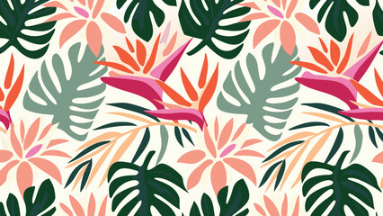Keuken achterwand Planten patronen Tropische bladeren paradijsvogelbloemen patroon  © Wishi