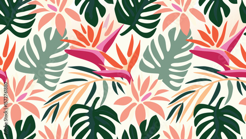 Seamless pattern featuring tropical leaves and bird of paradise flowers on a light background tone