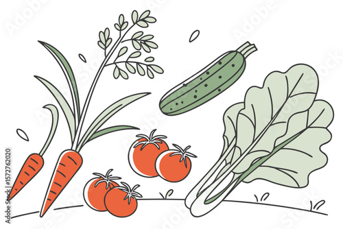 A colorful illustration of fresh garden vegetables, including carrots and tomatoes