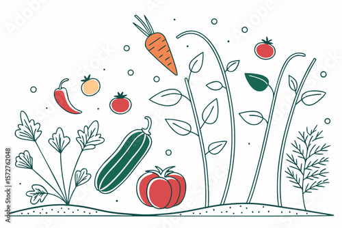 A colorful illustration of fresh garden vegetables growing in a garden
