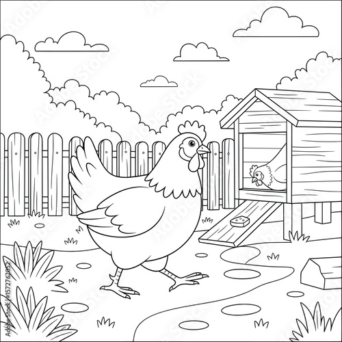 Chicken coloring page – cartoon hen walking near chicken coop with another hen inside, fun and educational farmyard animal illustration for kids’ coloring activities