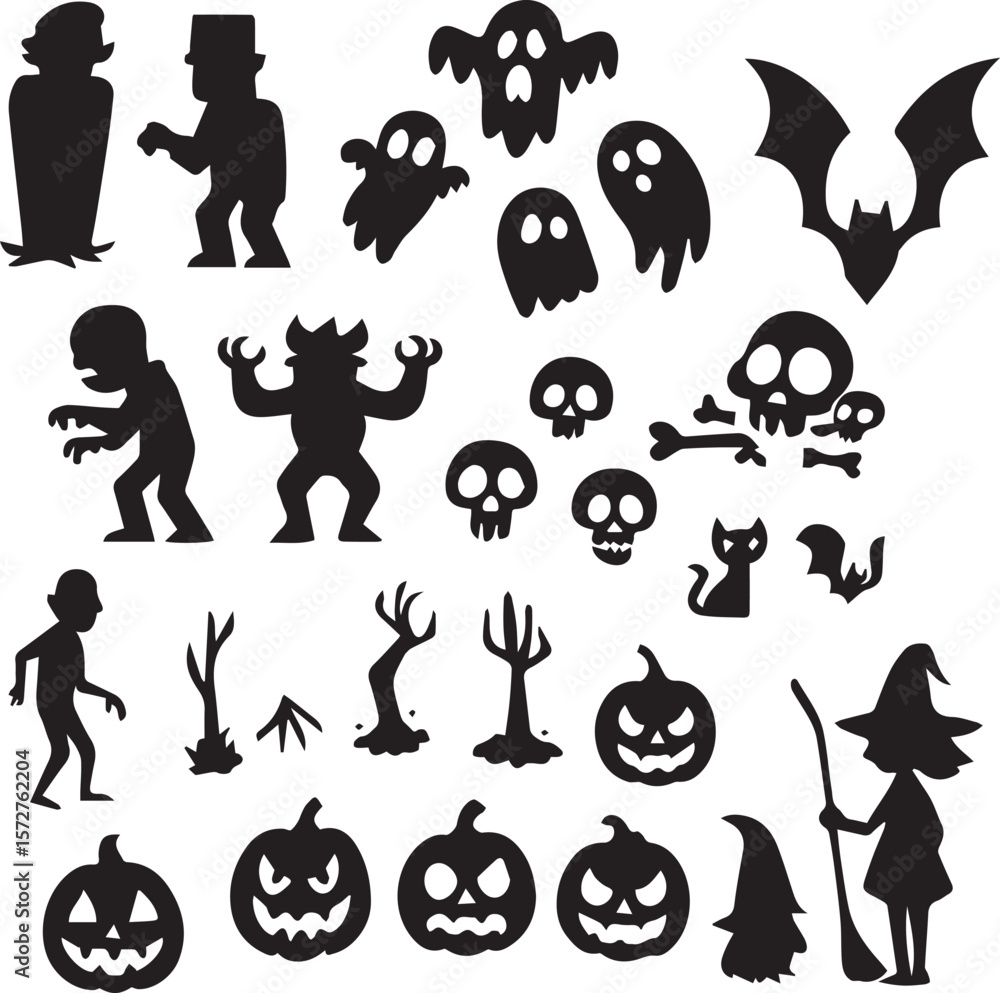 Obraz premium Spooky Halloween Silhouette Icon Set – Ghosts, Witches, Bats and Pumpkins Vector