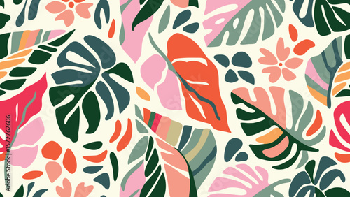 Colorful botanical pattern featuring monstera leaves and flowers in a vibrant and playful design style