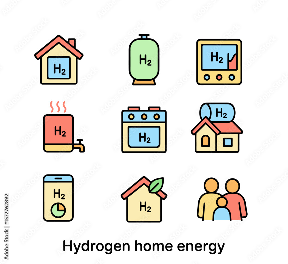 Hydrogen home energy flat icons set. H2 domestic applications and energy usage Hydrogen home energy flat icons set. H2 domestic applications and energy usage