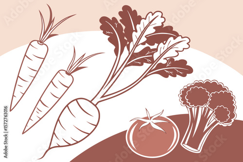 Illustration of carrots, broccoli, and a tomato on a light background