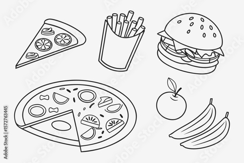 A collection of fast food favorites and healthy options in a simple line drawing