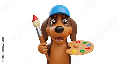 Cartoon dog artist holding paintbrush and palette