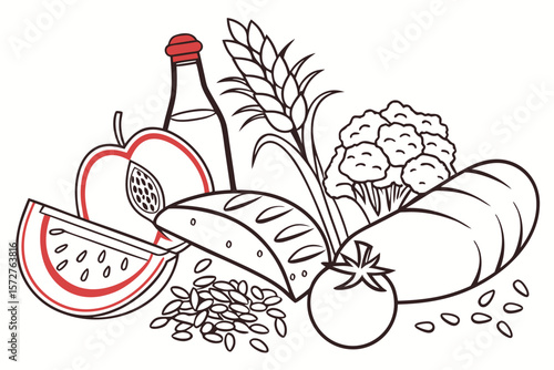 A selection of healthy food items are displayed for a balanced diet