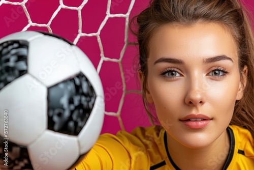 Closeup Portrait Young Woman Soccer Player Holding Ball Pink Net Yellow Jersey