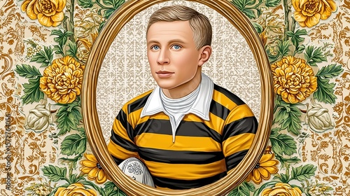Detailed Portrait of Young Man in Rugby Shirt, Yellow Flowers and Ornate Gold Frame
